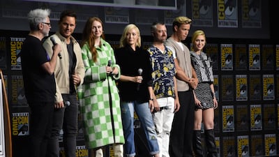 From left, director James Gunn with actors Chris Pratt, Karen Gillan, Pom Klementieff, Sean Gunn, Will Poulter and Maria Bakalova, present 'Guardians of the Galaxy Vol 3' at the Marvel panel, during Comic-Con International. AFP