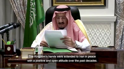 King Salman of Saudi Arabia speaks in a pre-recorded message which was played during the 75th session of the United Nations General Assembly. UNTV via AP
