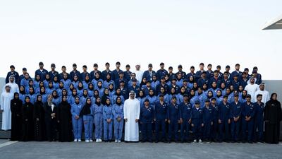 Sheikh Mohamed bin Zayed, Crown Prince of Abu Dhabi and Deputy Supreme Commander of the UAE Armed Forces, stands for a group photo with Ministry of Education 'Giving Ambassadors', during a Sea Palace barza. Mohamed Al Hammadi / Ministry of Presidential Affairs
