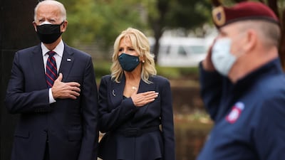 US President-elect Joe Biden and his wife Jill attend a Veterans Day observance in Philadelphia, Pennsylvania. Reuters