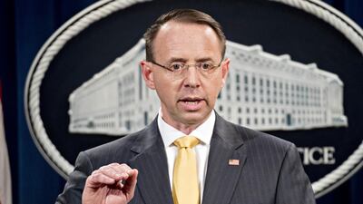Rod Rosenstein, the US deputy attorney general, announces the indictment of Russian nationals and entities accused of interfering in the 2016 presidential election, at the Department of Justice in Washington on February 16, 2018. Andrew Harrer / Bloomberg