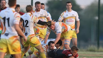 The Saracens' Elliott Reeder, right, helped the Abu Dhabi team over the line in his third game for the club. Delores Johnson / The National