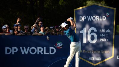 Tommy Fleetwood of England on the 16th tee during the third round of the DP World Tour Championship. Getty Images
