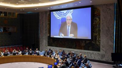 Martin Griffiths (on screens), Special Envoy of the Secretary-General for Yemen, briefs the Security Council meeting on the situation in the Middle East (Yemen). 20 August 2019, United Nations, New York. UN