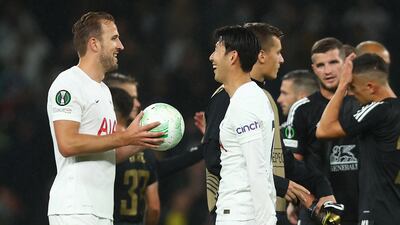 Tottenham's Harry Kane celebrates with Son Heung-min after scoring a hat-trick in the Europa Conference League match against NS Mura at Tottenham Hotspur Stadium on Thursday, September 30, 2021. Getty