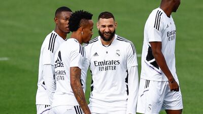 Real Madrid's striker Karim Benzema (C) reacts during the training session of the team held at Valdebebas Sports City in Madrid, Spain, 18 October 2022. Real Madrid will face Elche in their Spanish LaLiga soccer match on 19 October. EPA / Rodrigo Jimenez