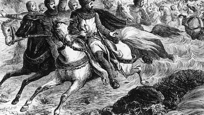 A drawing of King John (1167-1216) from around 1200 showing him and his companions escaping the tide on Long Sutton Beach during the search for the king's lost treasure. Getty