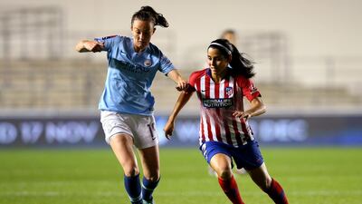 Caroline Weir of Manchester City battles for possession with Kenti Robles of Atletico Madrid during the Women's Champions League match against Atletico Madrid Femenino at Manchester City Football Academy in Manchester, England. Getty Images