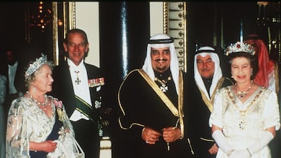 Photo taken on March 24, 1987 shows King Fahd of Saudi Arabia with Queen Elizabeth II, the Queen Mother and the Duke of Edinburgh as they go in to a banquet in Kings Fahad's honour at Buckingham Palace. AP photo/Peter Kemp