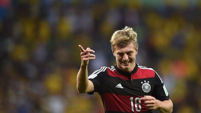 Toni Kroos celebrates after scoring for Germany in their 7-1 win over Brazil in the 2014 World Cup semi-finals on Tuesday night. Vanderlei Almeida / AFP / July 8, 2014