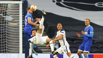 Dele Alli of Tottenham Hotspur scores their team's first goal with a overhead kick during the UEFA Europa League match between Tottenham Hotspur and Wolfsberger AC. Getty Images