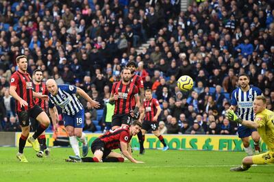 Brighton's Aaron Mooy scores his team's second goal against Bournemouth. AFP