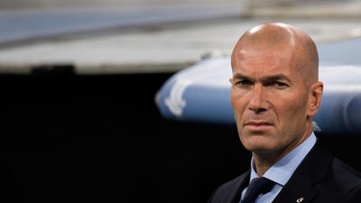 Real Madrid manager Zinedine Zidane looks on before the start of the Spanish Super Cup second leg against Barcelona at the Bernabeu on August 16, 2017 in Madrid, Spain. Denis Doyle / Getty Images