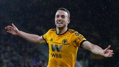 Wolves' Diogo Jota celebrates scoring their first goal. Reuters