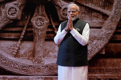 A greeting from Indian Prime Minister Narendra Modi as he waits on the leaders of the G20 countries, in New Delhi, India, on September 9, 2023. AP