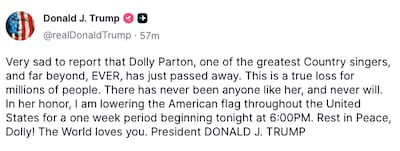 US President Donald Trump posted this message about Dolly Parton on Truth Social on August 25, 2026.
