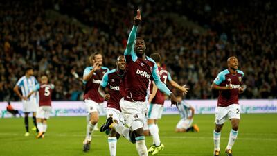West Ham United's Pedro Obiang celebrates scoring their first goal in the 2-0 win over Huddersfield Town on Monday. David Klein / Reuters