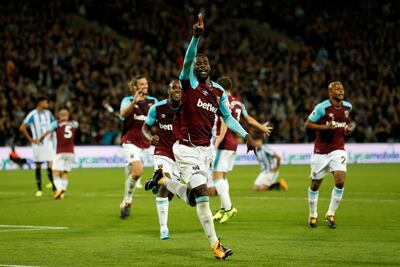 West Ham United's Pedro Obiang celebrates scoring their first goal in the 2-0 win over Huddersfield Town on Monday. David Klein / Reuters