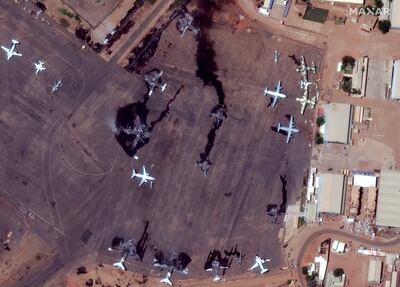 Destroyed aircraft at Khartoum International Airport seen in a Maxar Technologies satellite image. Reuters