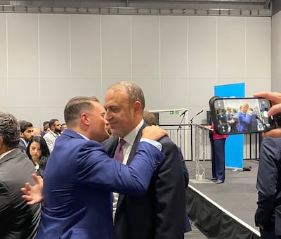 British Health Secretary Wes Streeting greets Palestinian ambassador to the UK Husam Zomlot at the Labour Party conference. Thomas Harding / The National