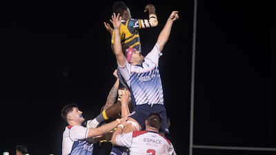 A lineout battle between Jebel Ali Dragon and Dubai Hurricanes.