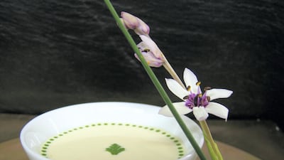 Caviar and crustacean jelly and cauliflower cream dish at L’Atelier de Joel Robuchon