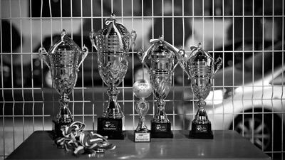 A set of four triophies sit on a table.