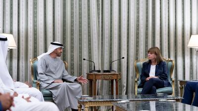 President Sheikh Mohamed meets Ms Sakellaropoulou.