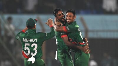 Bangladesh celebrate after beating England by 50 runs in the third and final ODI, at Zahur Ahmed Chowdhury Stadium on March 6, 2023. Getty
