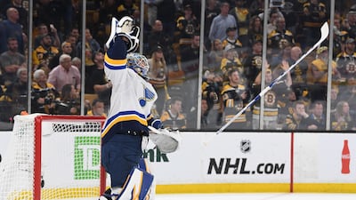 St. Louis Blues goaltender Jordan Binnington (50) celebrates after defeating the St. Louis Blues in game seven of the 2019 Stanley Cup Final at TD Garden. USA TODAY Sports