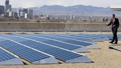 The President of the US, Barack Obama, seen here at a solar panel instillation near Denver, has pledged billions of dollars to renewable energy.