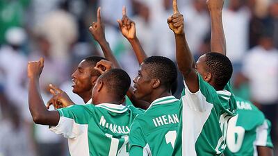 Nigeria were at their aggressive best against Iraq in Dubai yesterday. The West African team ended 5-0 winners to top Group F. Ali Haider / EPA