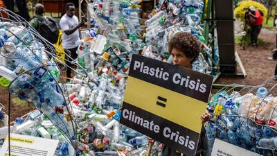 A young climate campaigner at the Break Free From Plastic movement march before the third meeting of the Intergovernmental Negotiating Committee in Nairobi, Kenya. AFP