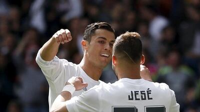 Cristiano Ronaldo and Jese Rodriguez celebrate a goal during Real Madrid's La Liga win over Eibar on Saturday. Andrea Comas / Reuters / April 9, 2016