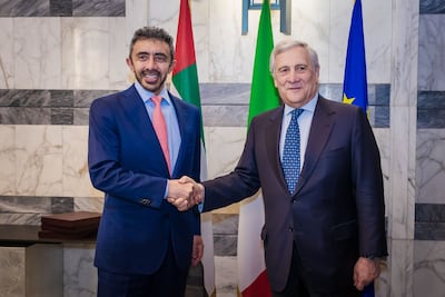 Sheikh Abdullah with Antonio Tajani, Italy's Deputy Prime Minister and Minister of Foreign Affairs and International Co-operation. Photo: Wam