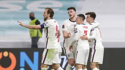 England celebrate their second goal against Albania. EPA