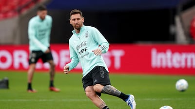 Lionel Messi takes part in an Argentina training session at Wembley Stadium, London, Tuesday May 31, 2022. AP