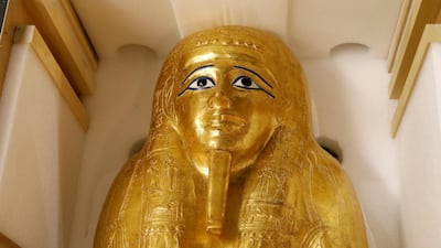 The Gold Coffin of Nedjemankh is displayed during a news conference to announce its return the the people of Egypt in New York City, US, September 25, 2019. REUTERS/Brendan McDermid