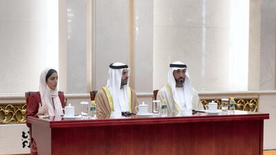 Sheikha Hassa bint Mohamed, heikh Mohamed bin Hamad and Mohamed Al Mazrouei, Undersecretary of the Crown Prince Court of Abu Dhabi attend a meeting with Li Keqiang. Ministry of Presidential Affairs