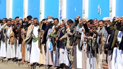 Supporters of Houthi rebels take part in a gathering to collect food aid and mobilise more fighters into Hodeidah battlefronts, in Sanaa, Yemen. EPA