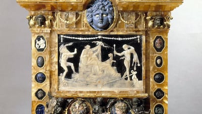 Cameo with mythological subject: Bacchus and Ariadne, Rome Julio-Claudian period (41-45, Tablet); imperial period (1st-4th centuries, other glyptic pieces) and 1780 (reconstructed by Luigi Valadier), onyx marble, semi-precious stones, marble, gold, gilt bronze, enamel, glass paste. Courtesy: Musée du Louvre, Department of Greek, Etruscan and Roman Antiquities, Rome, probably Catacombs of Priscilla on the via Salaria (tablet and glyptic pieces); Rome, collection of Gaspare Carpegna; Vatican, Profane Museum; Paris, Palais des Tuileries (King’s apartments), 1740-1778. Photo credit: RMN-Grand Palais (musée du Louvre)/Les frères Chuzeville