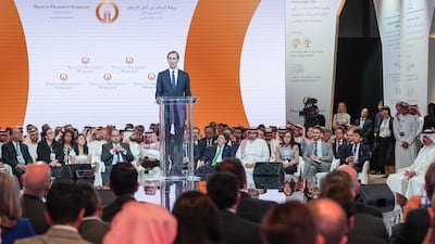 White House senior adviser Jared Kushner speaks at the "Peace to Prosperity" conference in Manama. All photos by Reuters