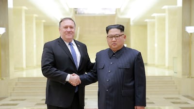 US Secretary of State Mike Pompeo meeting North Korean leader Kim Jong-un last week. EPA / North Korean Central News Agency