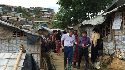 International Committee of the Red Cross President Peter Maurer visits Rohingya camps in Cox's Bazar, Bangadesh, on July 1, 2018, as the UN chief Antonio Guterres arrived in the country to discuss assistance for the refugees. Rishi Lekhi / AP Photo