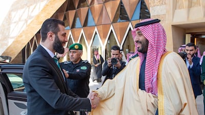 Saudi Arabia's Crown Prince Mohammed bin Salman, right, hosted Syrian President Ahmad Al Shara in Riyadh in February. EPA