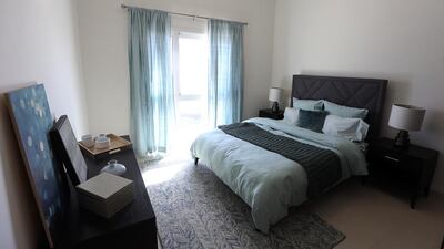 One of the bedrooms inside a three-bedroom unit at Villa Lantana. Satish Kumar / The National