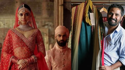 Sabyasachi Mukherjee, right, is particularly known for his ornate traditional wear, left. Photos: Supplied / The National