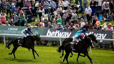 Brown Panther is edged out by Snow Sky in the Yorkshire Cup on May 15, 2015. Alan Crowhurst / Getty