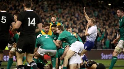 Ireland celebrate a try to Jacob Stockdale during their friendly against New Zealand's All Blacks in Dublin late on Saturday. Getty Images
