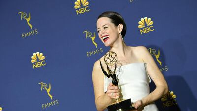 Lead actress in a drama series winner Claire Foy poses with her Emmy AFP